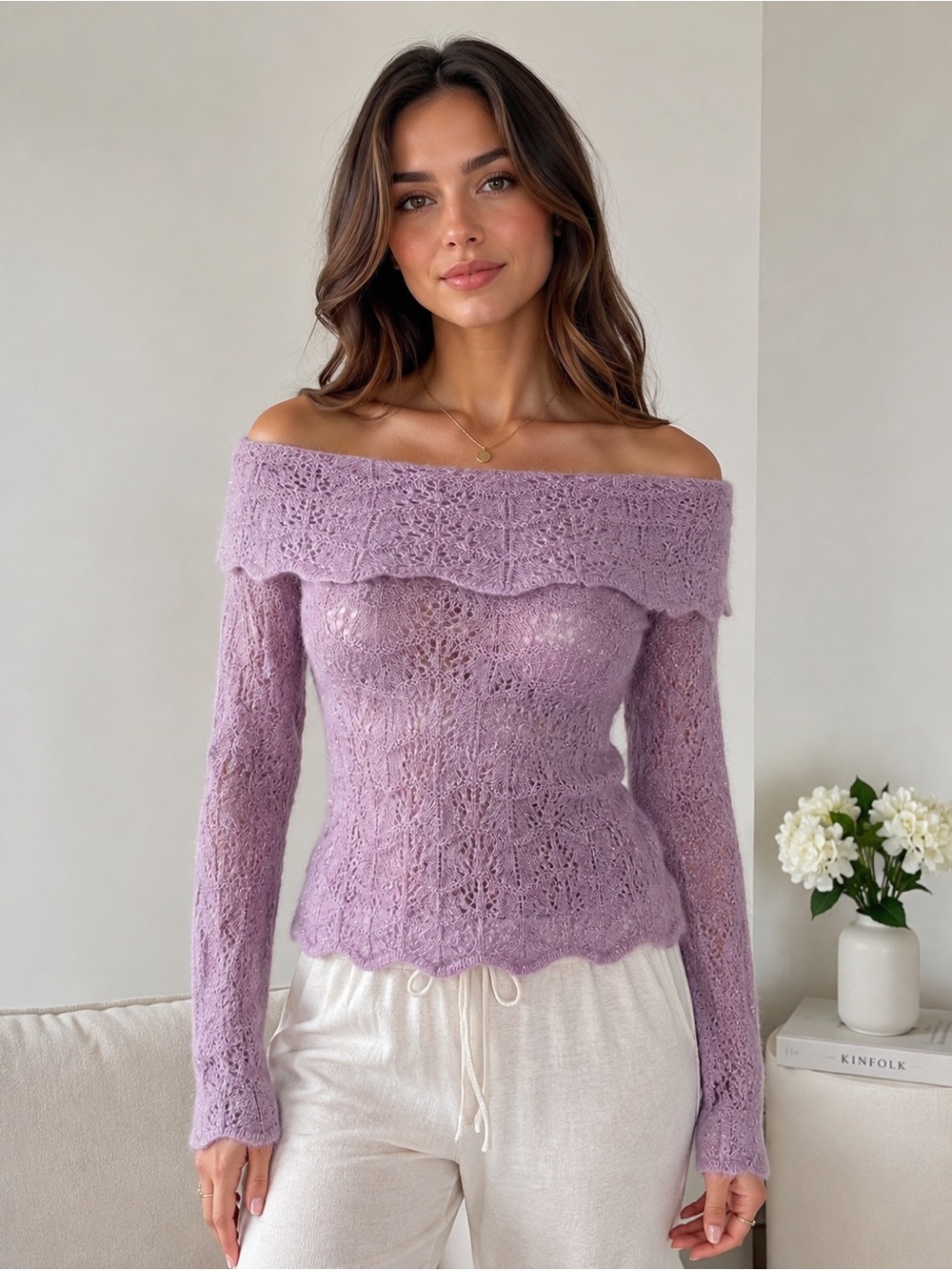 Ann Taylor LOFT Mohair Wool Blend Off Shoulder Open Knit Sweater XS Lavender